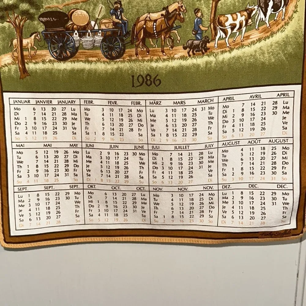 Vintage 1986 Fisby-Stoffels calendar tea towel with European scene of‎ cows